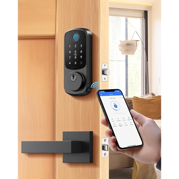 Fingerprint Smart Lock with 2 Lever Handles, Keyless Entry Front Door Lock Set, Electronic Keypad Deadbolt, App Control, Auto Lock, Long Battery Life, Secure Home Access