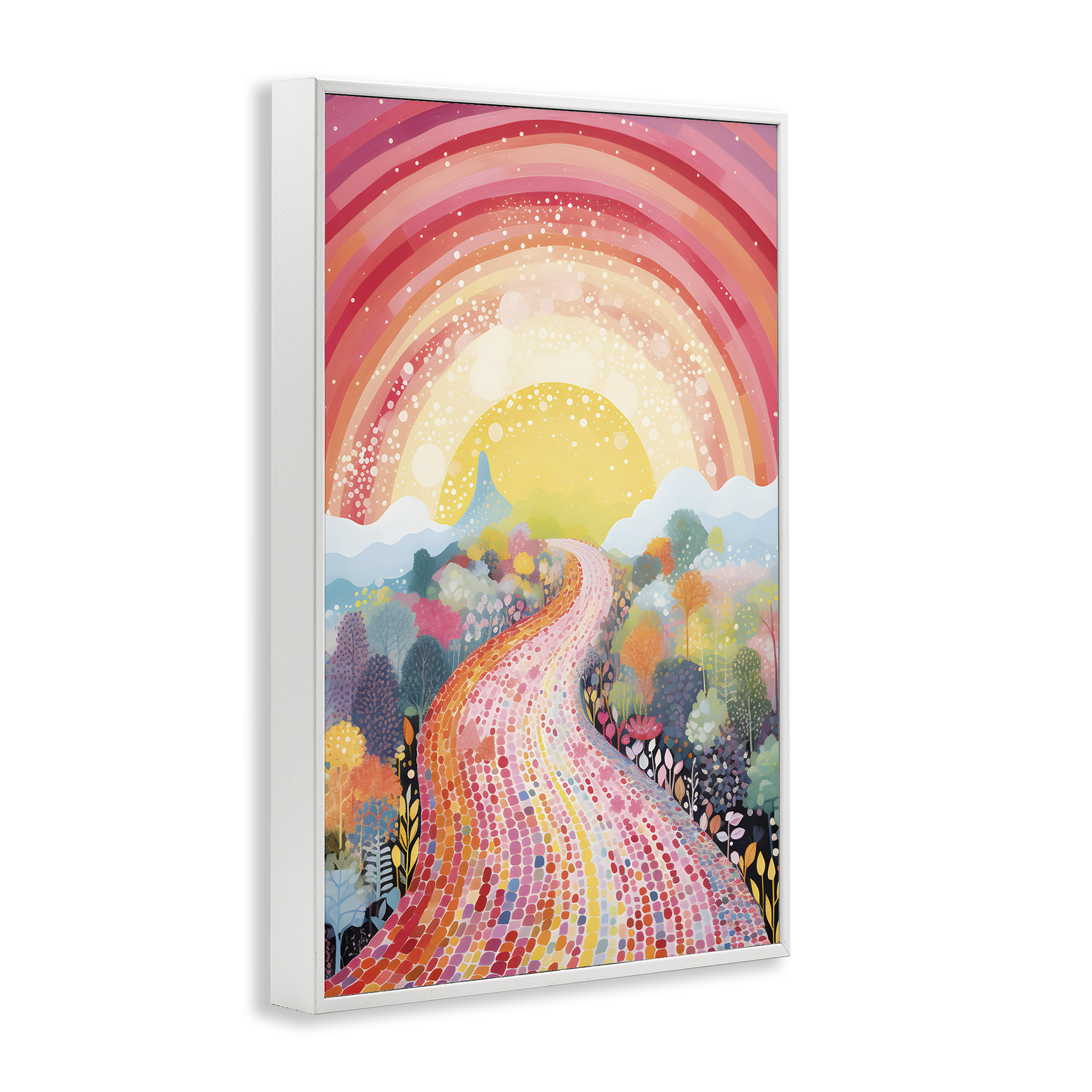 Stupell Industries Pink Brick Road Journey Landscape Painting White Framed Art Print Wall Art, 20 x 30