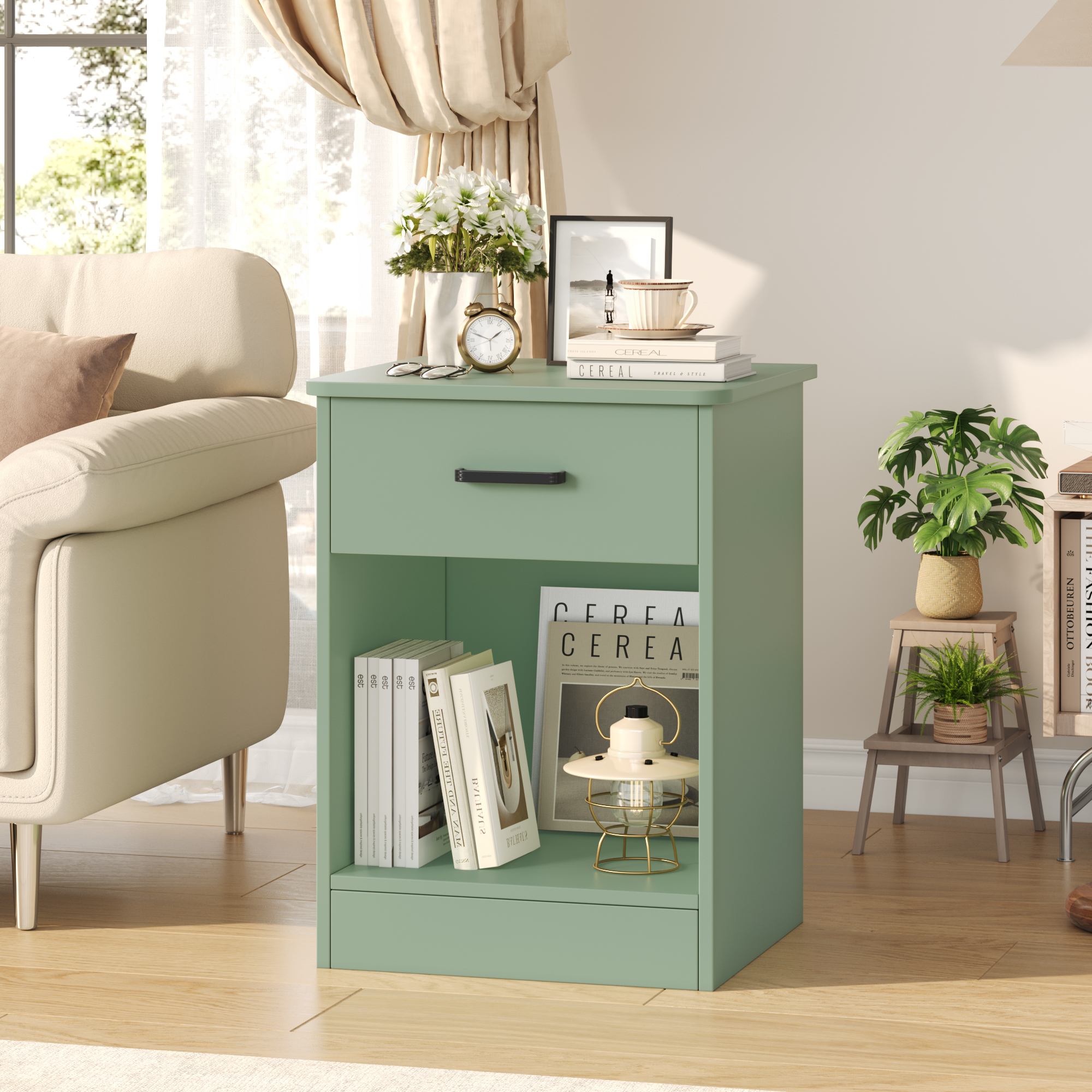 Homfa Nightstand with Drawer，2 Tier Modern Night Stand Side Table for Bedroom Living Room, Green