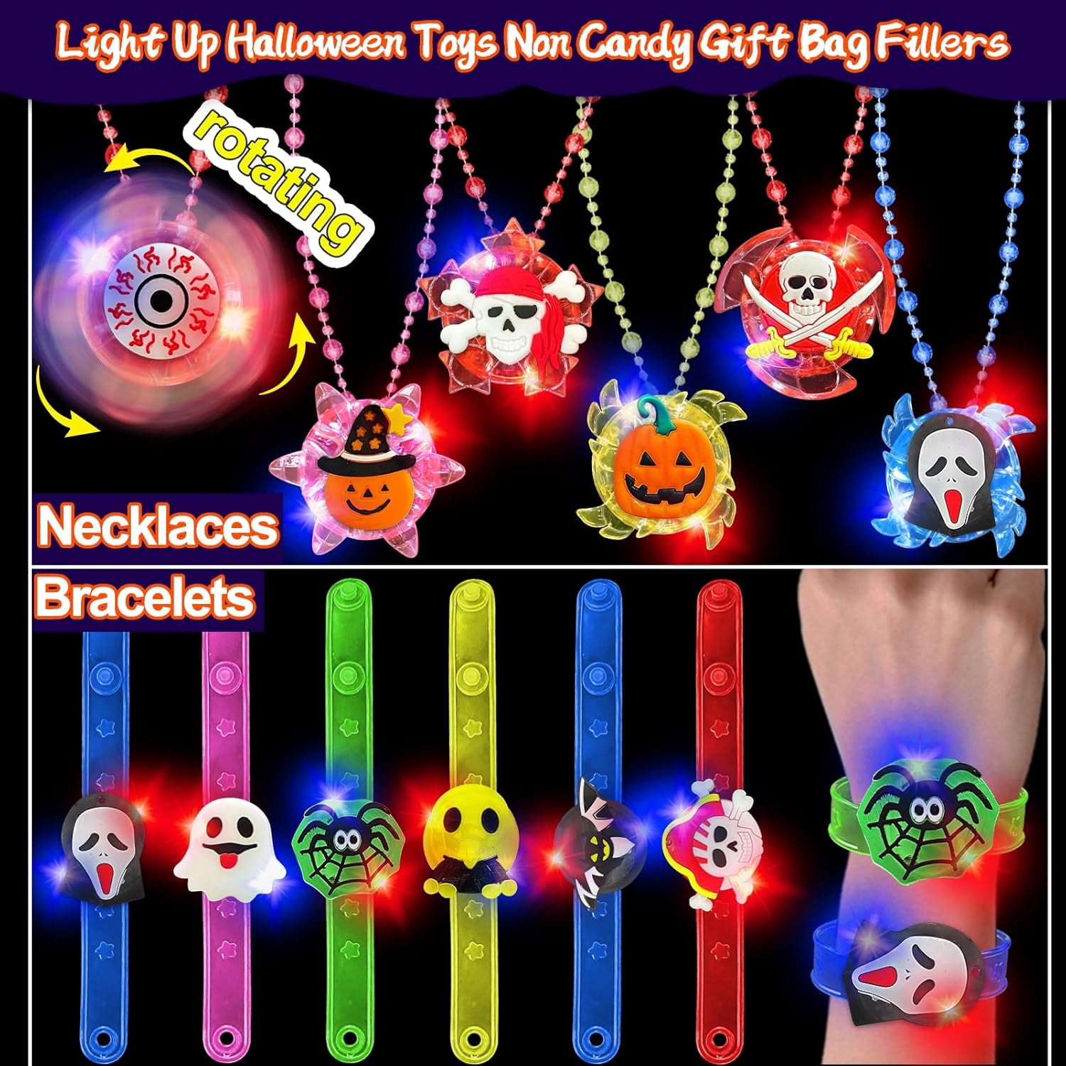 42 Pcs Halloween Party Favors for Kids Halloween Glow in the Dark Toys Rotating Spin Light Up Necklaces LED Bracelets Flash Rings Brooches Hair Lights Halloween Treats Gifts Bag Fillers Party Supplies