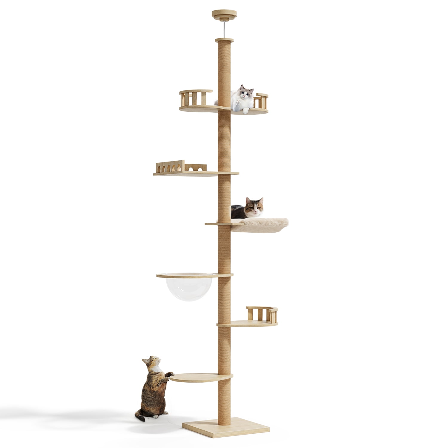 Erinnyees Floor to Ceiling Cat Tree Adjustable 86-106", 6-Level Wood Cat Tower with Scratching Post, Plush Hammock, Transparent Capsule & Perches for Indoor Cats, Space-Saving Cat Furniture