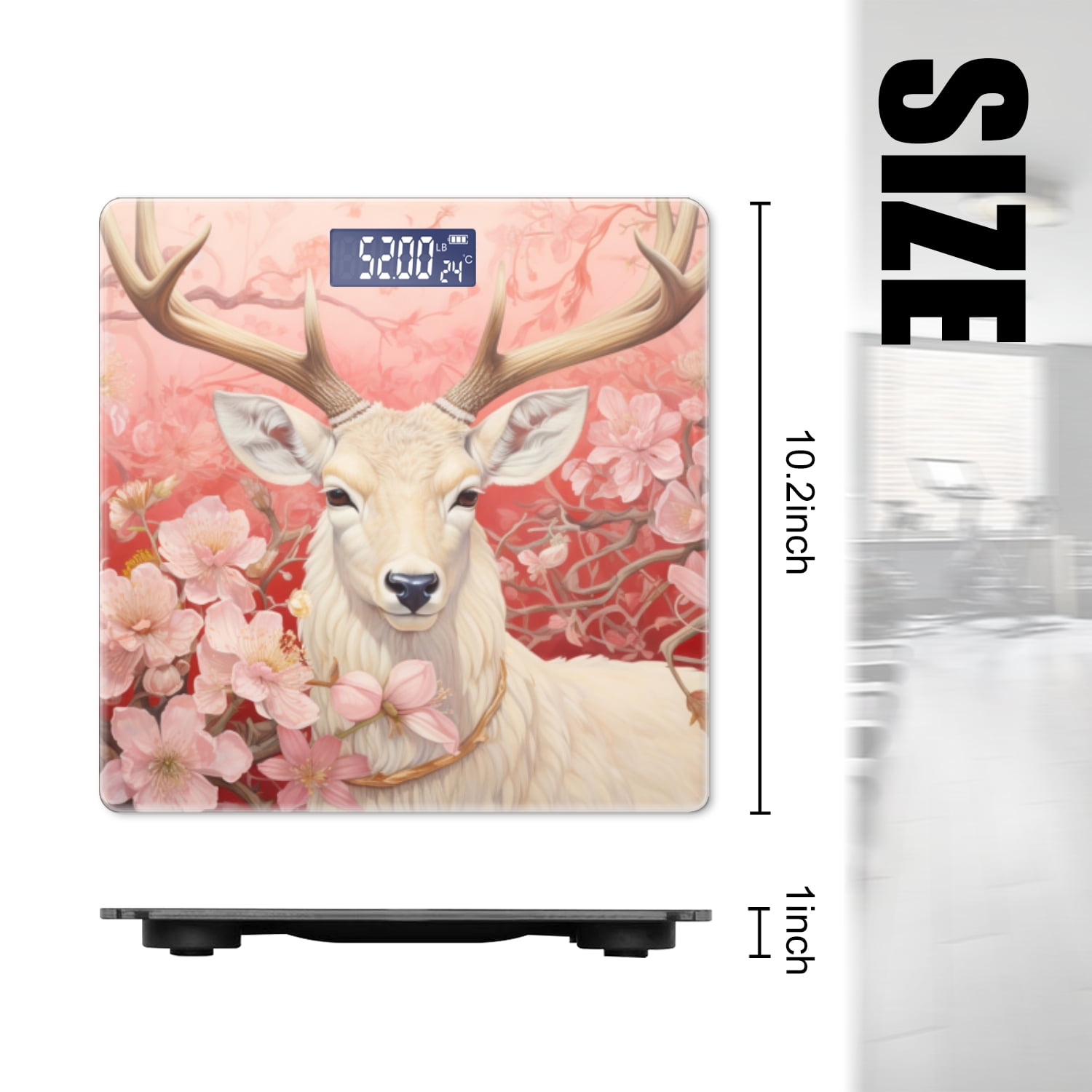 High Precision Body Weight Scale Smart Bathroom Scales with Large LCD Display(400lbs),Decorative for Bedroom-White Deer With Antlers Surrounded By Pink Flowers