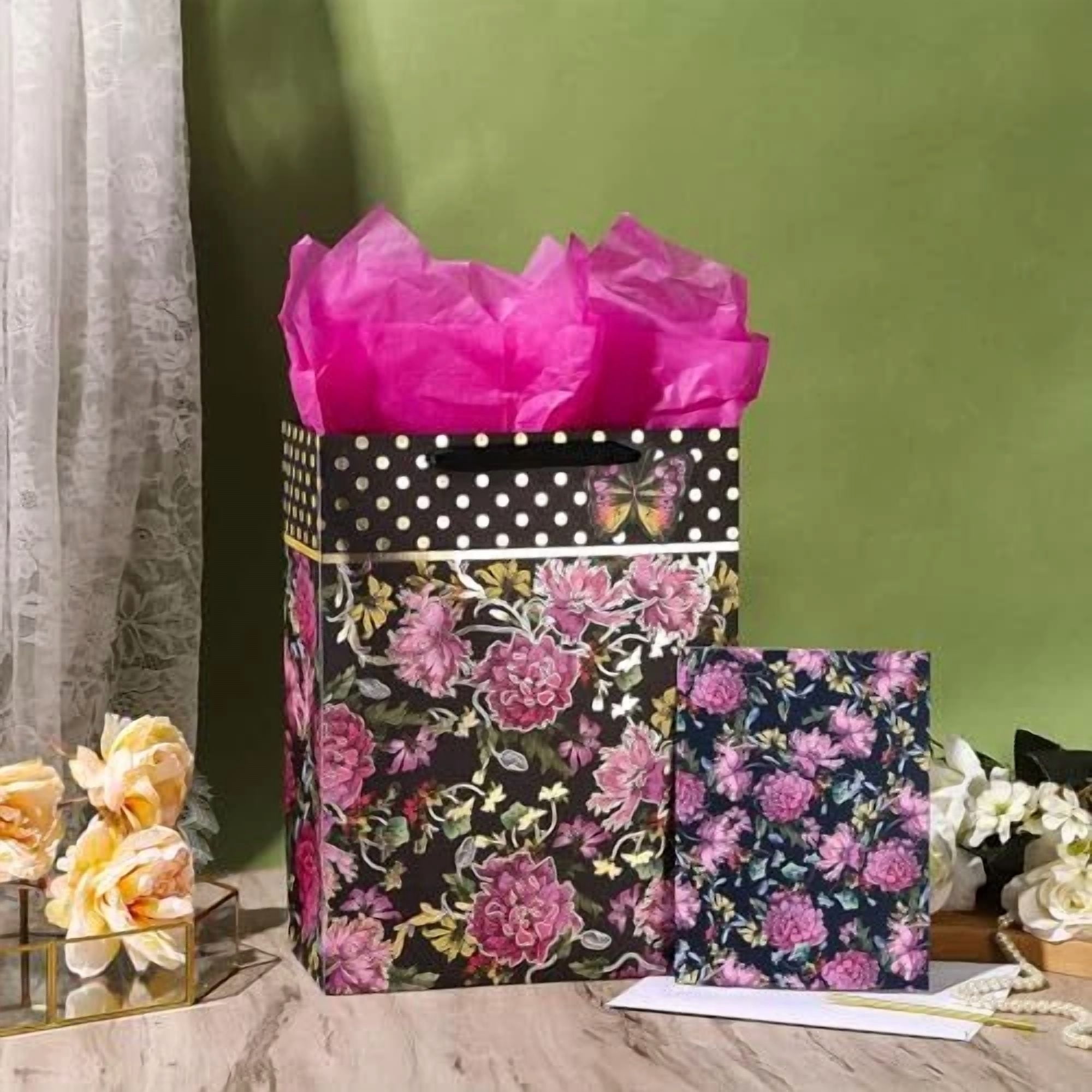 BUTTERFLY- Gift Bag And Foil Branch With Tissue Paper For Mother'S Day, Pink Flower
