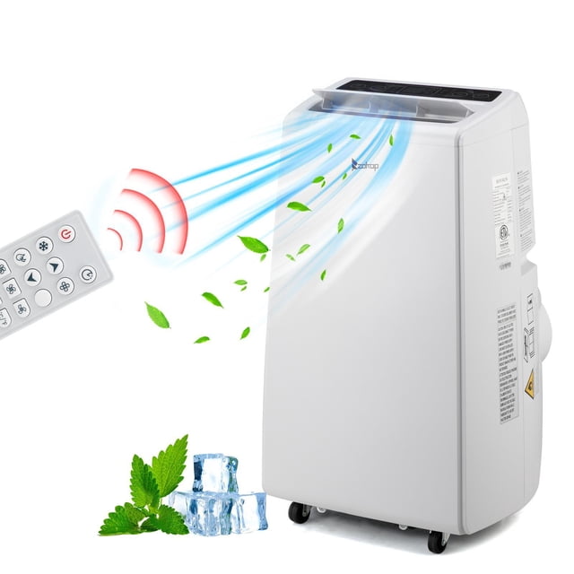 aire acondicionado portátil de 13000 btu y función de deshumidificador control remoto con / kit de ventana ZOKOP blanco, vista frontal 3/4 con salida de aire superior y panel táctil, ruedas inferiores y manguera de escape lateral visible; incluye mando a distancia, manguera y kit de ventana. Adecuado para enfriar hasta 400 ft², ventilador ajustable (alta-media-baja) y temporizador 0-24 h.