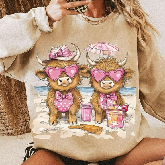 Summer Highland Cow Sweatshirt, Cute Retro Cow Crewneck, Aesthetic Cow Pullover, Trendy Summer Top, Happy Cow Sweatshirt