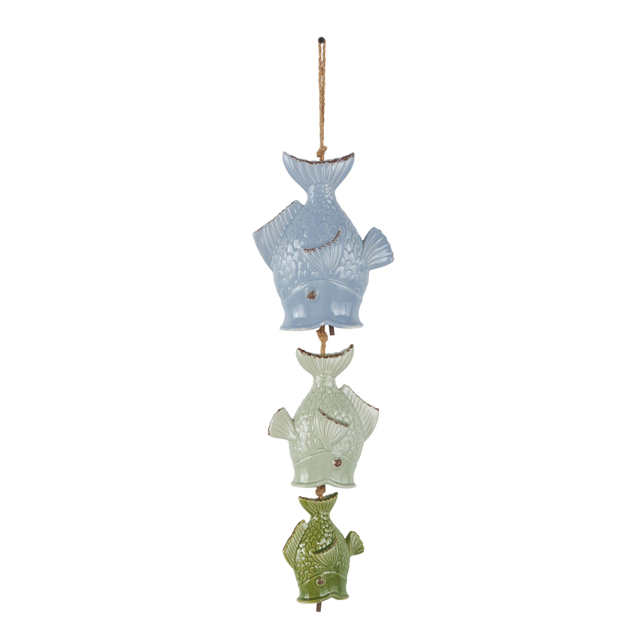 DecMode 27" Multi Colored Ceramic Fish Windchime with Brown Rope
