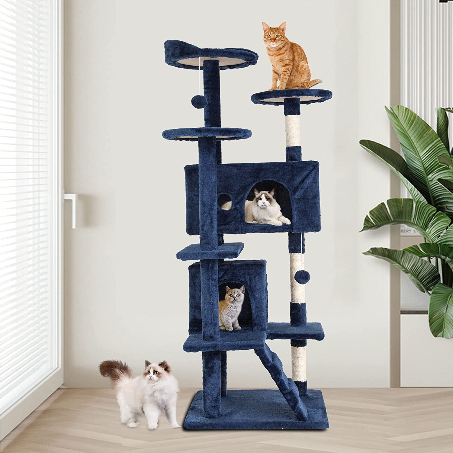 Bestpet 54-inch Cat Tree Tower, Standing House Cat Condo with Scratch Stay and Fun Toys, Navy Blue