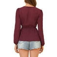 thumbnail image 4 of MODA NOVA Juniors Deep V Neck Drawstring Swiss Long Sleeves Blouse Tops Burgundy L, 4 of 7
