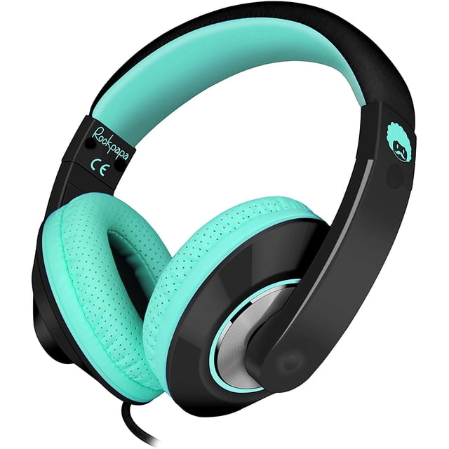 Auriculares Rockpapa Comfort+ ajustables con micrófono y volumen en línea para adultos y niños negro turquesa