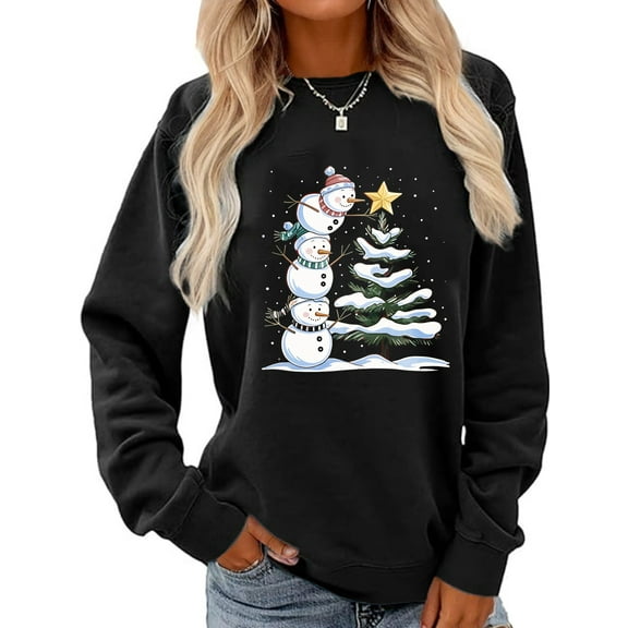 Merry Christmas Sweatshirt Snowman Christmas Tree Graphic Casual Long Sleeve Shirt for Women