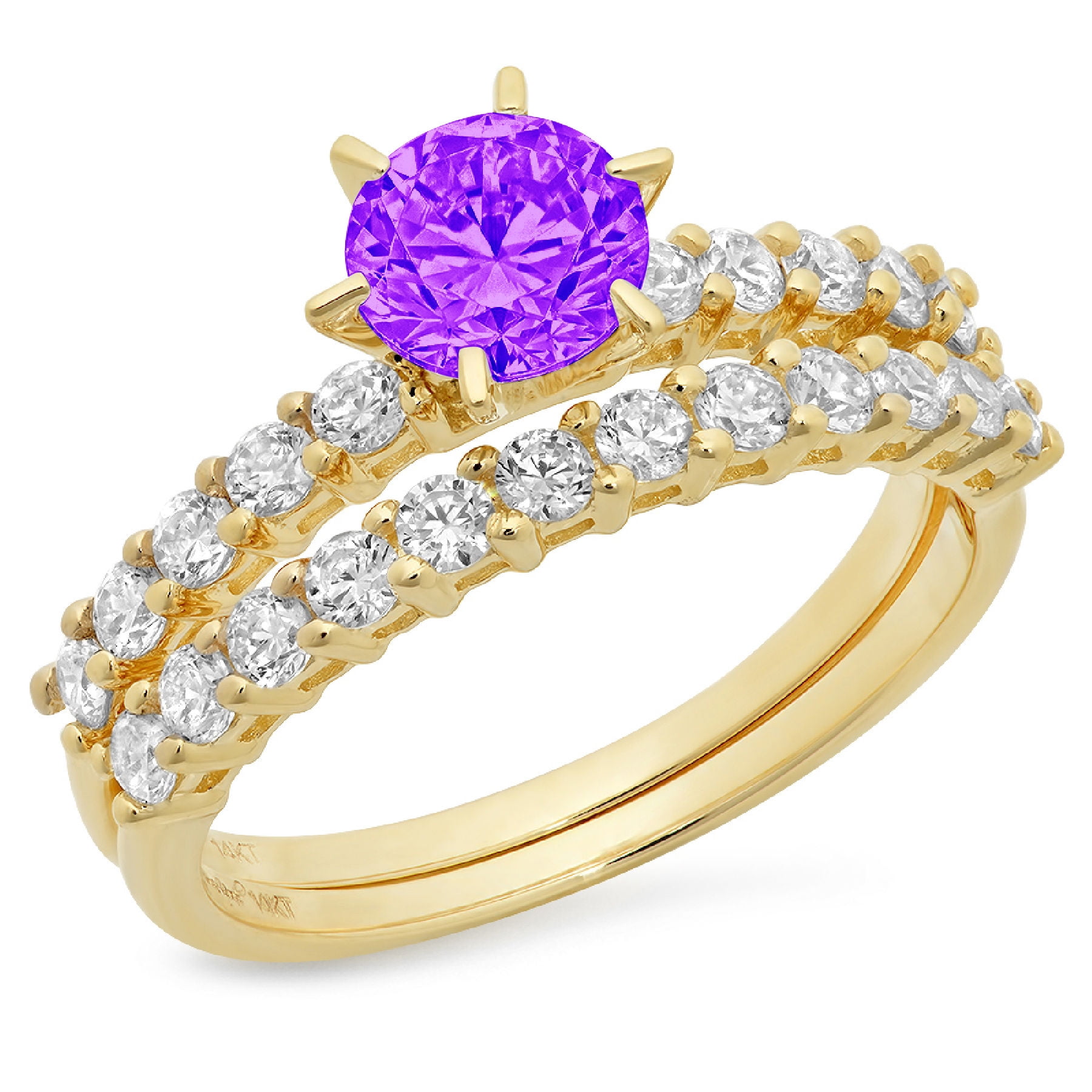 1.66 Ct Three Stone Round Blue Sapphire & Purple Amethyst 14K White Gold Plated Engagement Wedding Ring