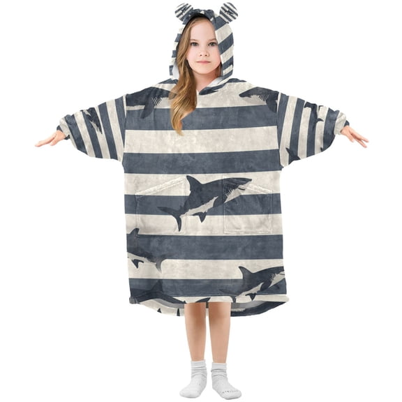 FORMRS Wearable Blanket Hoodie with Sleeves for Kids Cozy Flannel Sweatshirt, Dark Sharks