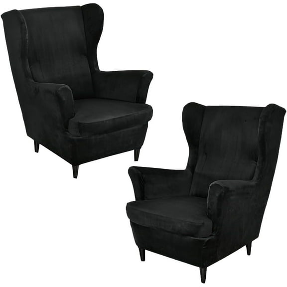 NAMZI 2 Sets Velvet Stretch Wingback Chair Sofa Slipcover Solid Color Plush Sofa Cover Furniture Protector Couch Soft with Elastic Bottom, Black