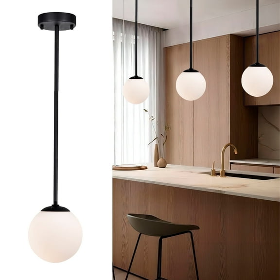Modern Black Pendant Light LED with 5.9'' Frosted Glass Globe Shade Adjustable Ceiling Light for Kitchen Island Dining Room