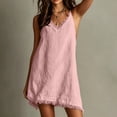 thumbnail image 5 of PRINxy Women's V Neck Spaghetti Strap Fringe Trim Cotton Linen Dress Asymmetric Hem Casual Short Dress for Summer Beach Vacation Pink XXL, 5 of 9
