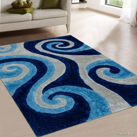 Chic Hand Tufted Rug - Allstar Blue Shaggy Area Rug with 3D Light Blue Spiral Design. Contemporary Formal Casual Hand Tufted (5' x 7')