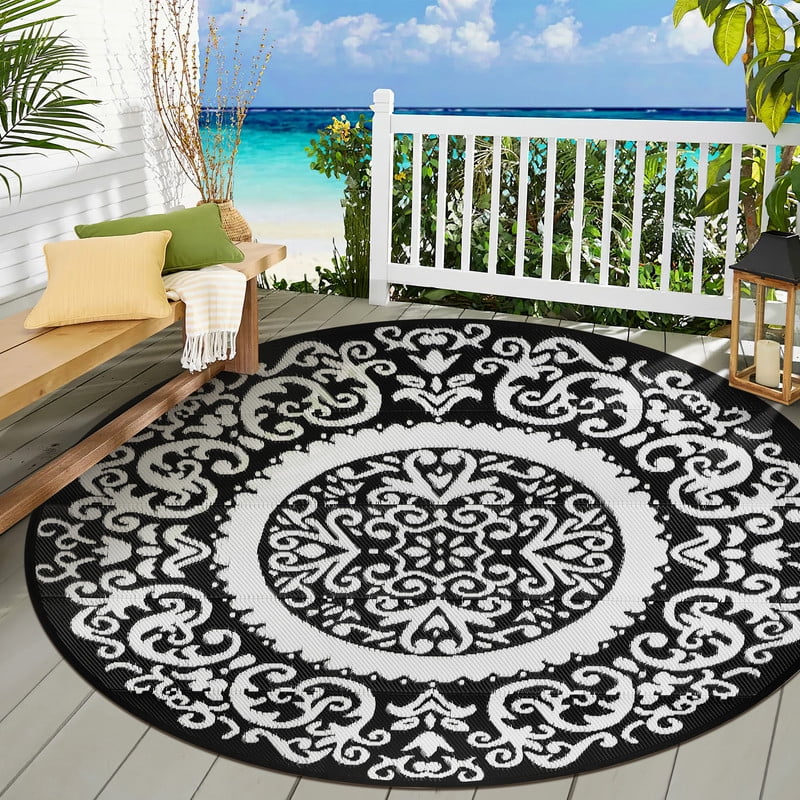 Aonewoe Round Outdoor Rugs 6Ft Waterproof Patio Plastic Straw Rug Reversible Camping Carpet Indoor Outdoor Area Rug for Patio,Deck,Balcony,Picnic,Beach,Outside