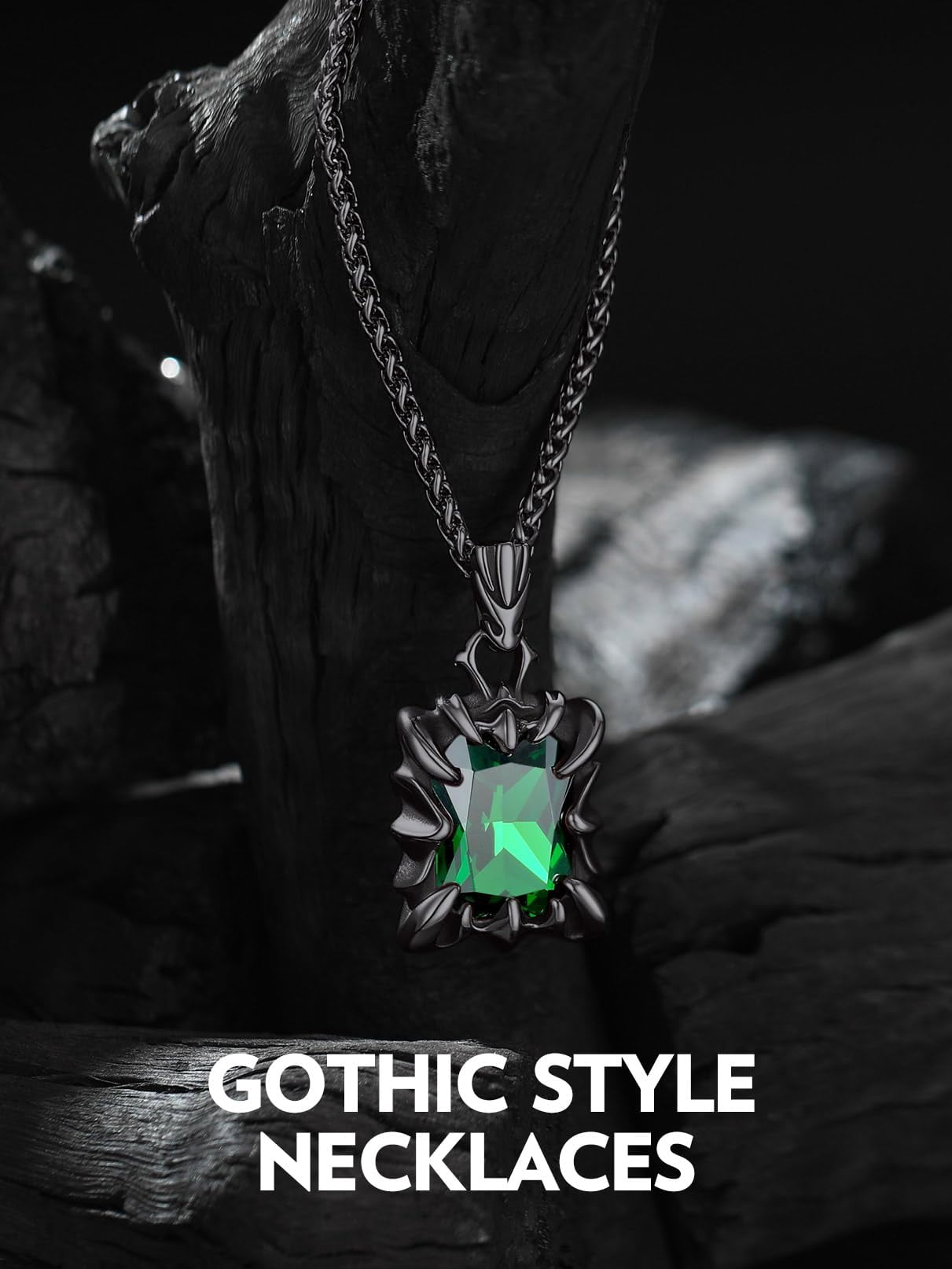 Bandmax Gothic Black Stainless Steel Necklaces for Men Women Dragon Claw Pendant Emerald Stone Vintage Goth Punk Necklace for Gift