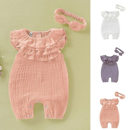 

SPRING PARK 2Pcs/Set Infant Baby Girls Romper Outfit Multi-layered Collar Jumpsuit Headband Set Clothes