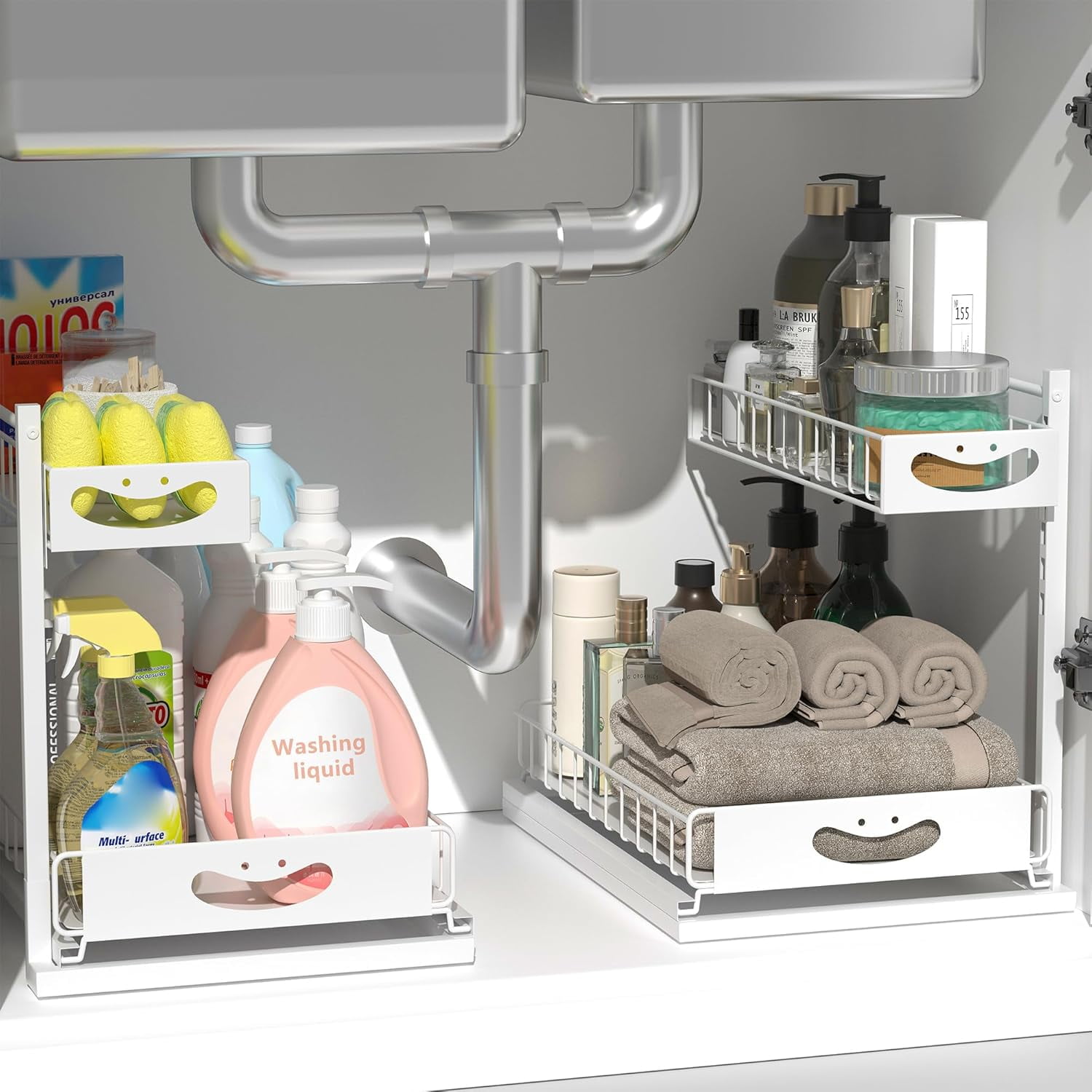 Under Sink Organizer with Pull-Out Drawers,Kitchen Sink Organizer,2 Tier Bathroom Organizers And Storage,Bathroom Accessories Set,Black 2 Pack