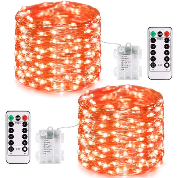 Morttic 2 Pack 50 LED 17 FT Copper Wire String Lights Battery Operated 8 Modes with Remote, Waterproof Fairy String Lights for Indoor Outdoor Home Wedding Party Decoration,Orange