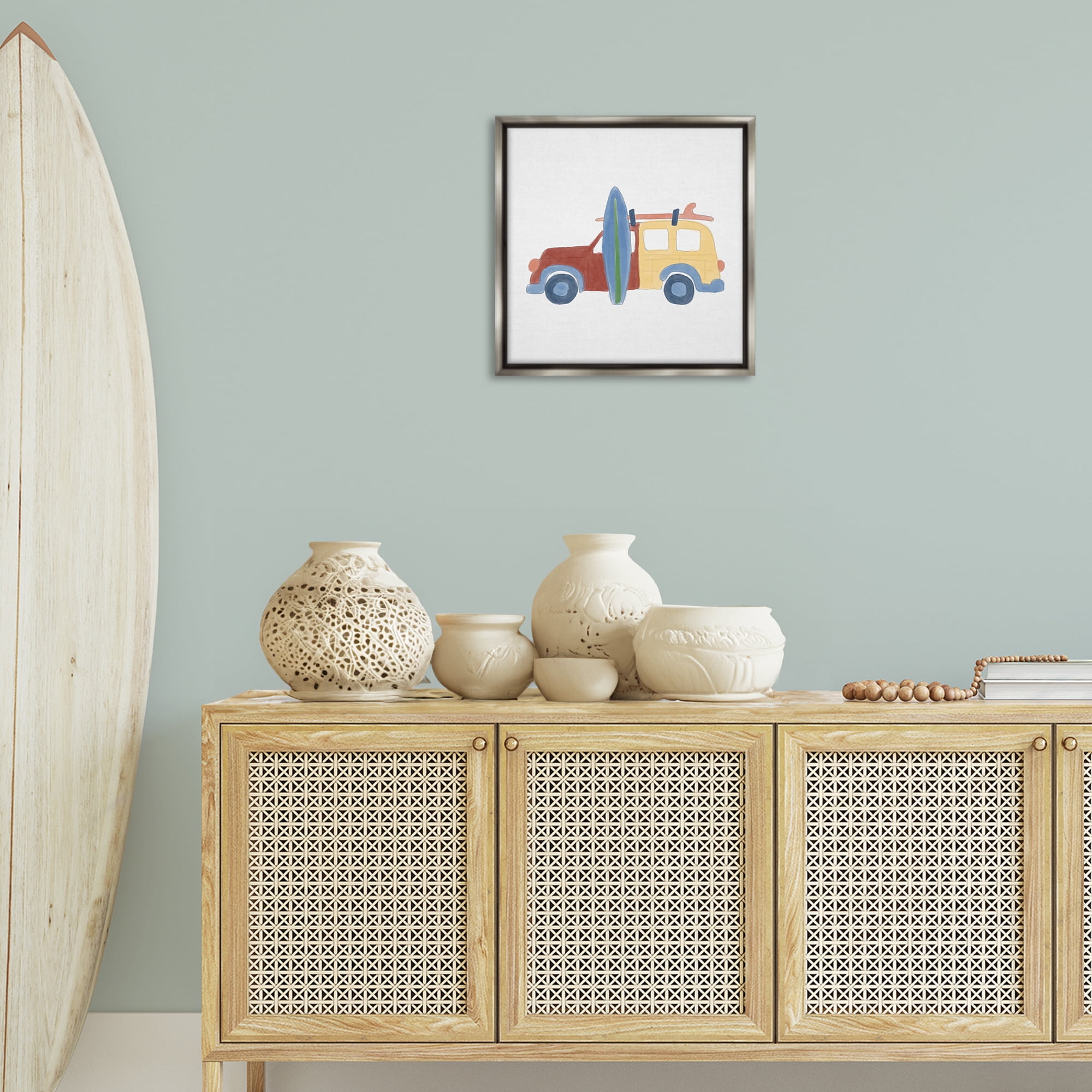 Stupell Industries Summer Beach Wagon Transportation Painting Gray Floater Framed Canvas Art Print Wall Art, 18 x 18