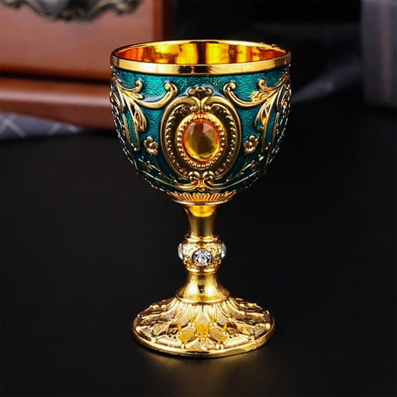 Plyzle Gothic Goblet Chalice: Ornate Metal with Enamel & Gems. Medieval Home Bar Decor, Fantasy Drinkware, Collector's Piece. 7cm.