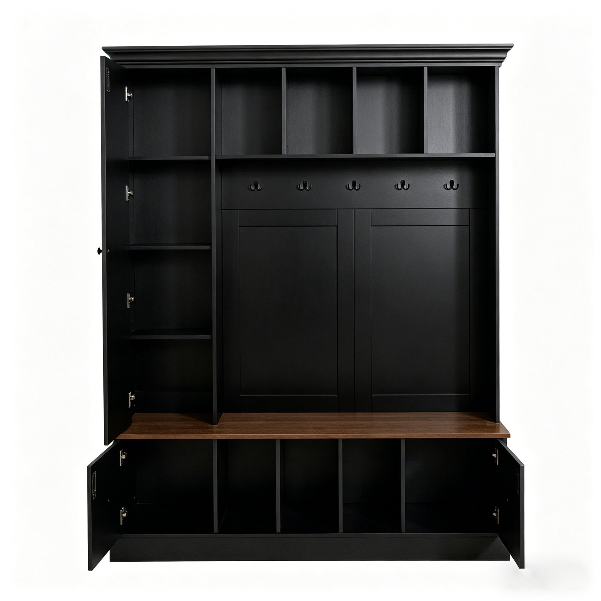 Mintazer Farmhouse Hall Tree with Bench and Shoe Storage, Adjustable Shelf Cabinet with Coat Rack, Hooks & Drawers for Hallway, Entryway, Black