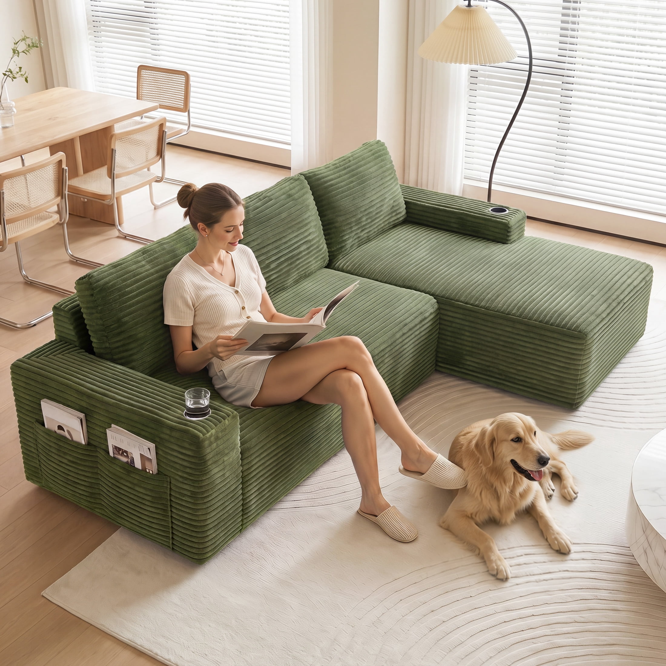Aenkyo 104 Inch Corduroy L-Shaped Cloud Sectional Sofa with Right Facing Chaise and Cup Holders, Green