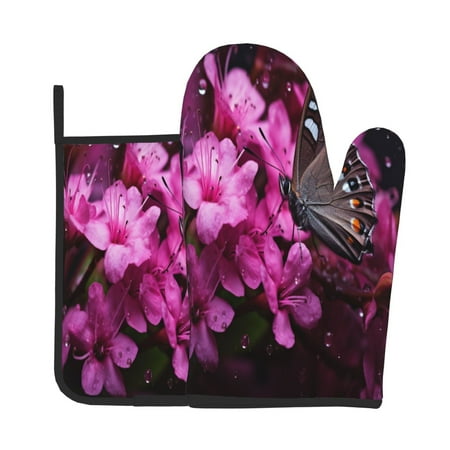 

Zeuib Pink Blossoms Butterfly Print Oven Mitt & Pot Holder Set 2-Pack Kitchen Gloves and Hot Pads for Cooking BBQ Grilling Baking