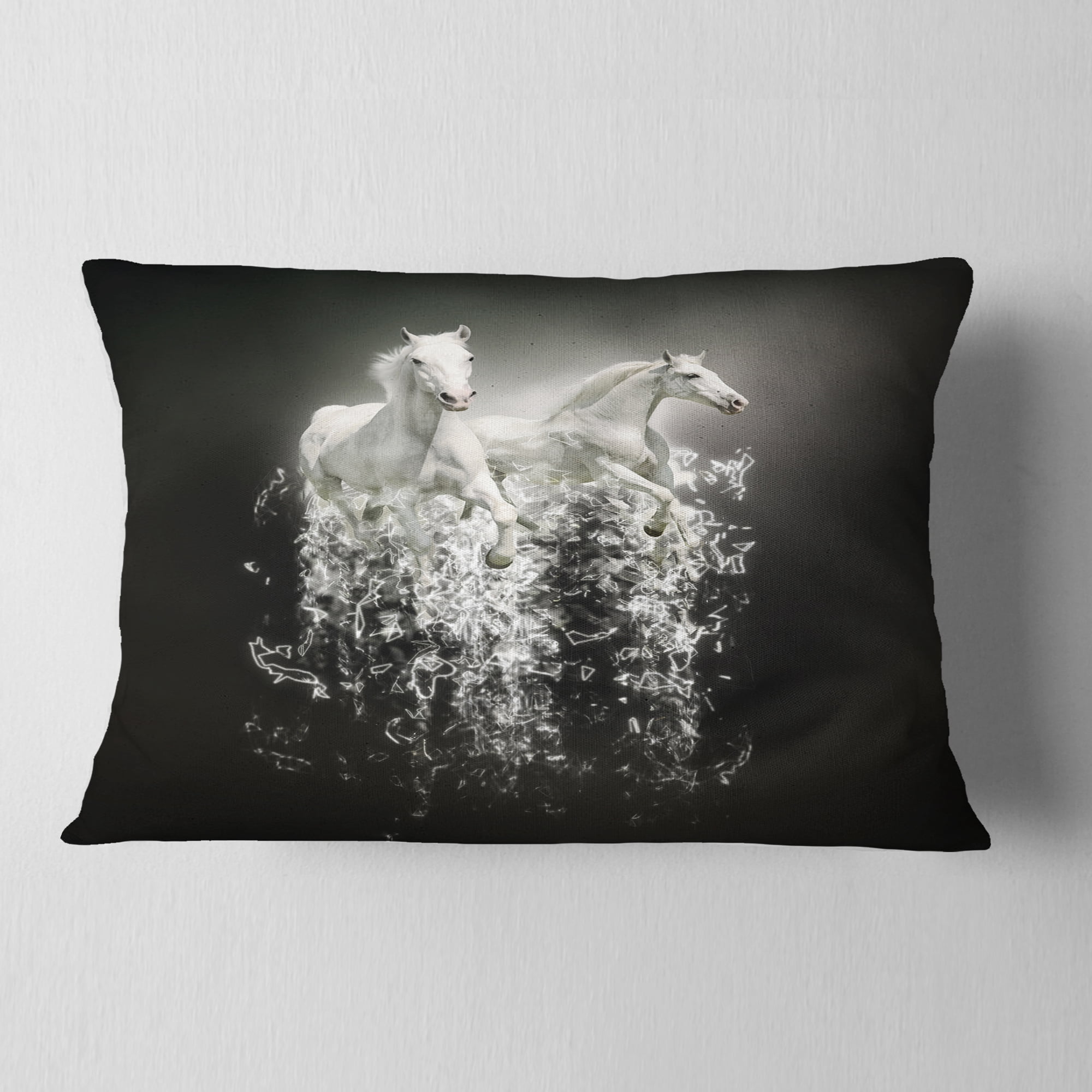 Designart Fantasy White Horses on Black - Animal Throw Pillow - 12x20