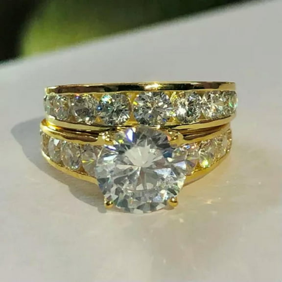 Fashion 18k Yellow Gold Plated Ring Cubic Zircon 2 Pcs/set Jewelry Sz 6-10