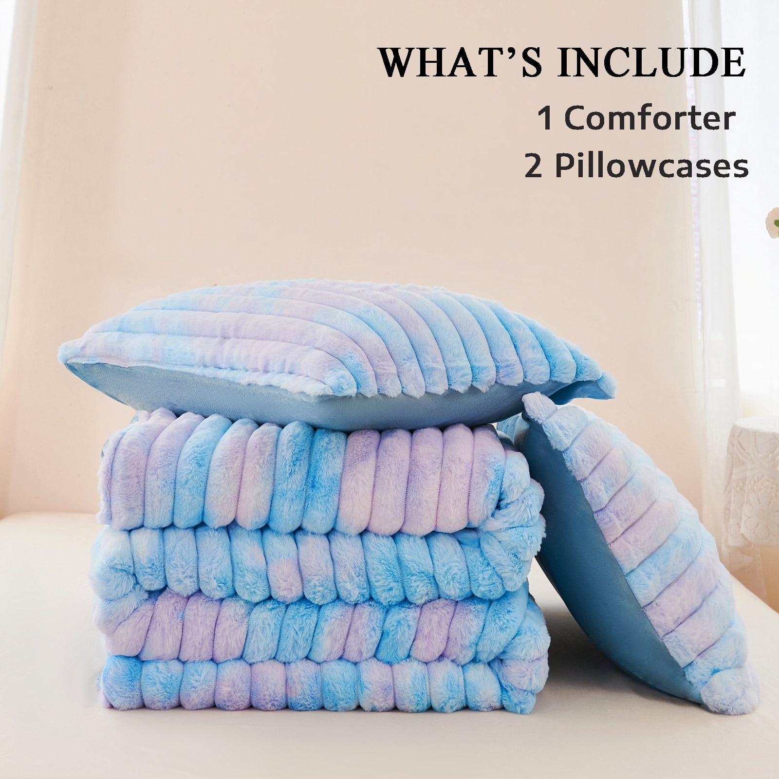 ZRNBAST Fluffy Twin Comforter Set, Tie-dye Pink Blue Plush Fleece Bedding Sets, Super Soft Faux Fur Bed Set with Zipper, Luxury Fuzzy Comforter with 2 Pillowcases(Pink Blue,Twin)