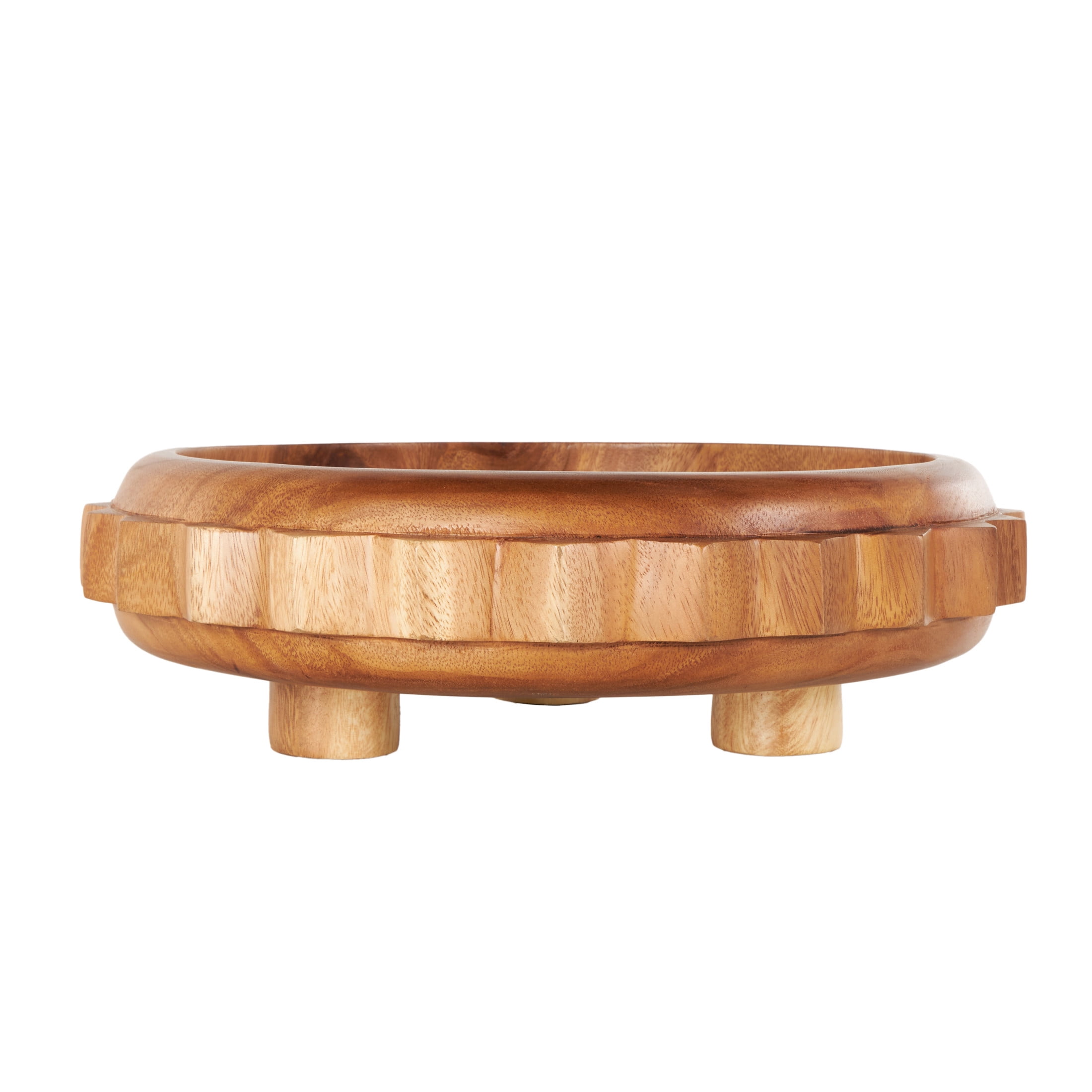 DecMode 18" Handmade Round Gear Brown Wood Decorative Bowl with Peg Leg