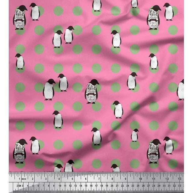Soimoi polyester Crepe Fabric Dot & Penguin Ocean Print Sewing Fabric Yard 42 Inch Wide