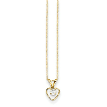 - 14k Yellow Gold 3mm White Zircon Heart Birthstone Chain Necklace Pendant Charm Kid Gifts For Women For Her