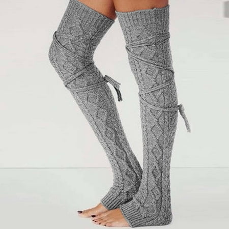 

Gotyou Socks Ladies Woolen Foot Warmers Autumn/Winter Solid Over The Knee Stockings with Drawstring Medium Socks Pile Socks Light Gray One Size