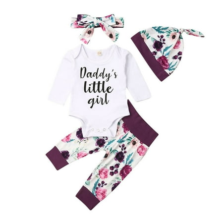 

Douhoow Infant Girls Romper Tops+Floral Print Pants+Hat+Headband Baby Clothes Set