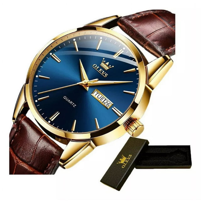 Reloj De Cuarzo Con Calendario Luminoso De Piel Olevs 6898 Fondo Oro/azul