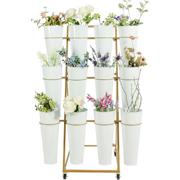 Flower Display Stand, 3 Layers Flower Cart Shelf with 12 Buckets, Flower Bar with 360° Swivel Wheels and Brake, Metal Flower Buckets Rack for Indoor, Florists, Garden, Flower Pop-Up Events