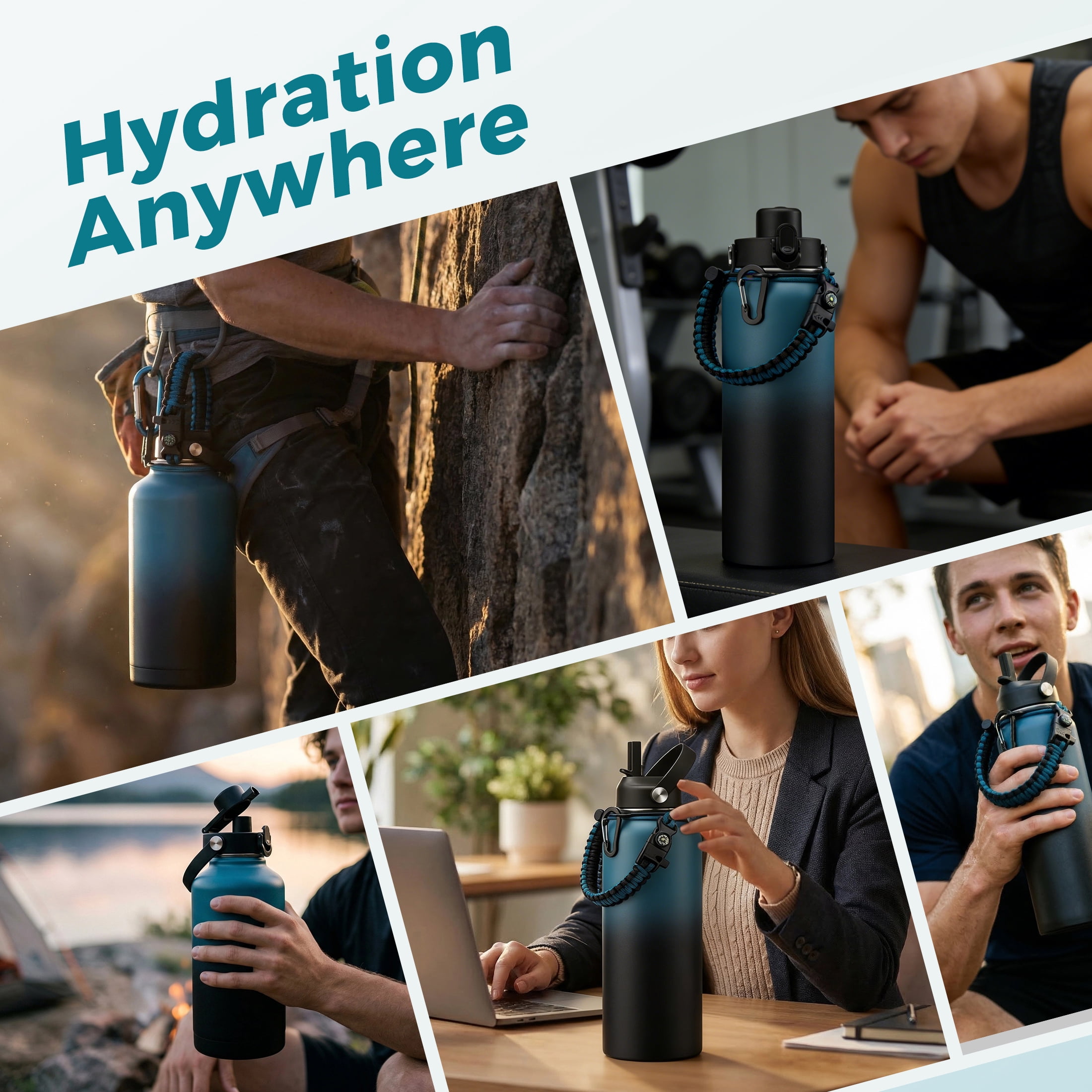 64oz Insulated Water Bottle with Straw & Spout Lids, Stainless Steel Half Gallon Jug with Paracord Handle, Leakproof, BPA-Free