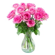 Arabella Bouquets Farm Direct Bouquet of 12 Fresh Cut Pink Roses in a Free Elegant Hand-Blown Glass Vase