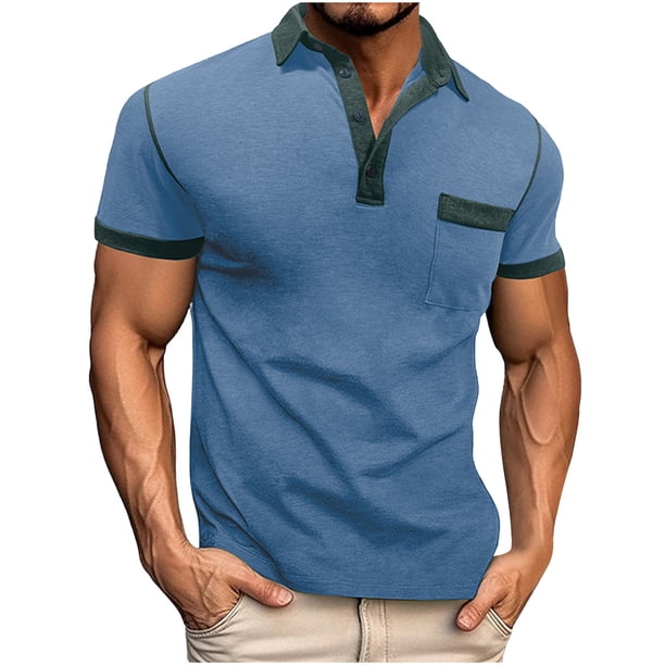 pstuiky camisetas de manga corta para hombre, Camisa informal de moda para hombre, color liso, con solapa, mangas, cuello redondo, botones y bolsillo camisas casuales para hombre l