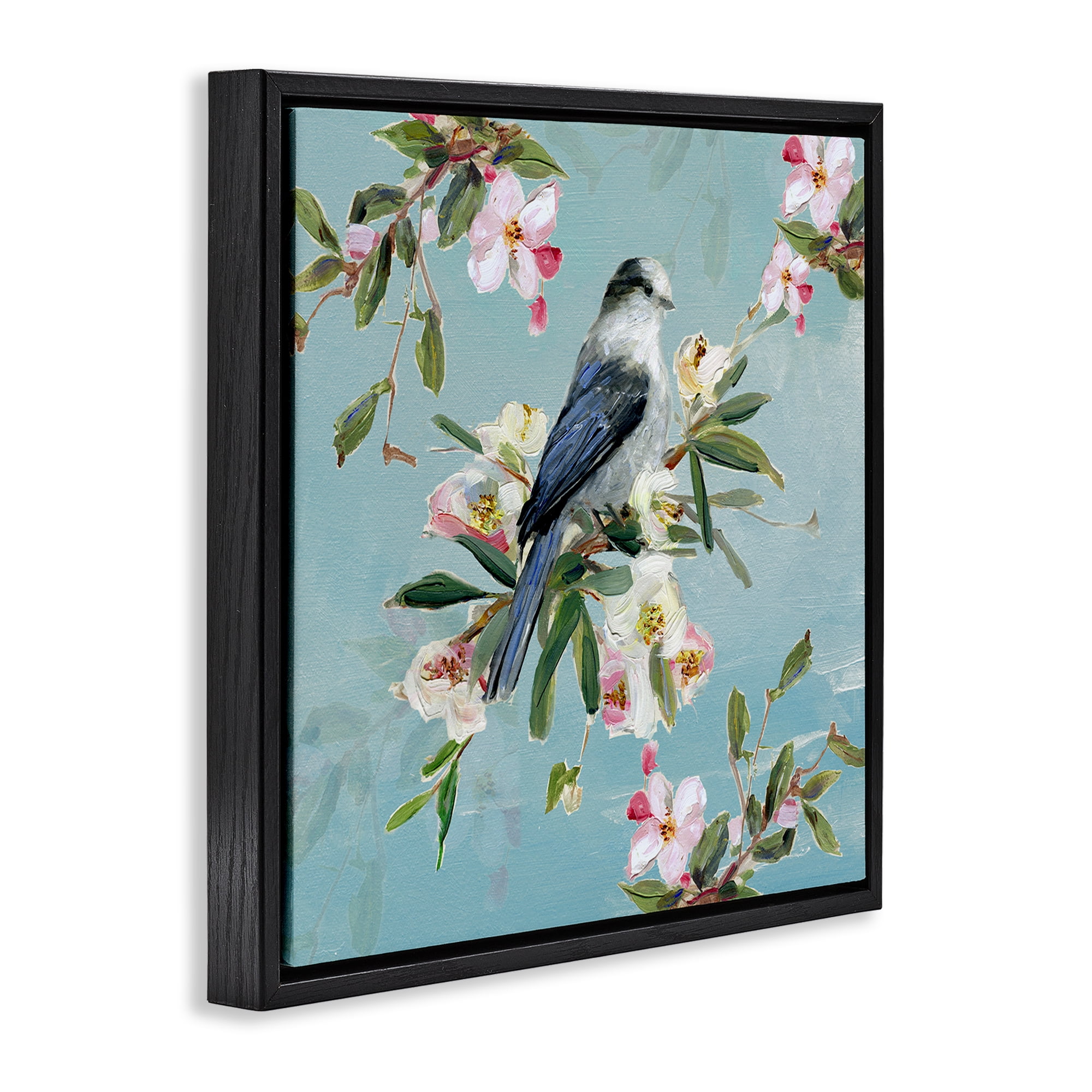 Stupell Industries Pastel Songbird Among Blossoms Black Framed Floater Canvas Wall Art, design by Sally Swatland