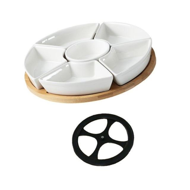 Bandeja para servir alimentos, juego de condimentos y aperitivos de cerámica, utensilios fáciles de guardar, plato de bambú, platos de para Con bandeja giratoria