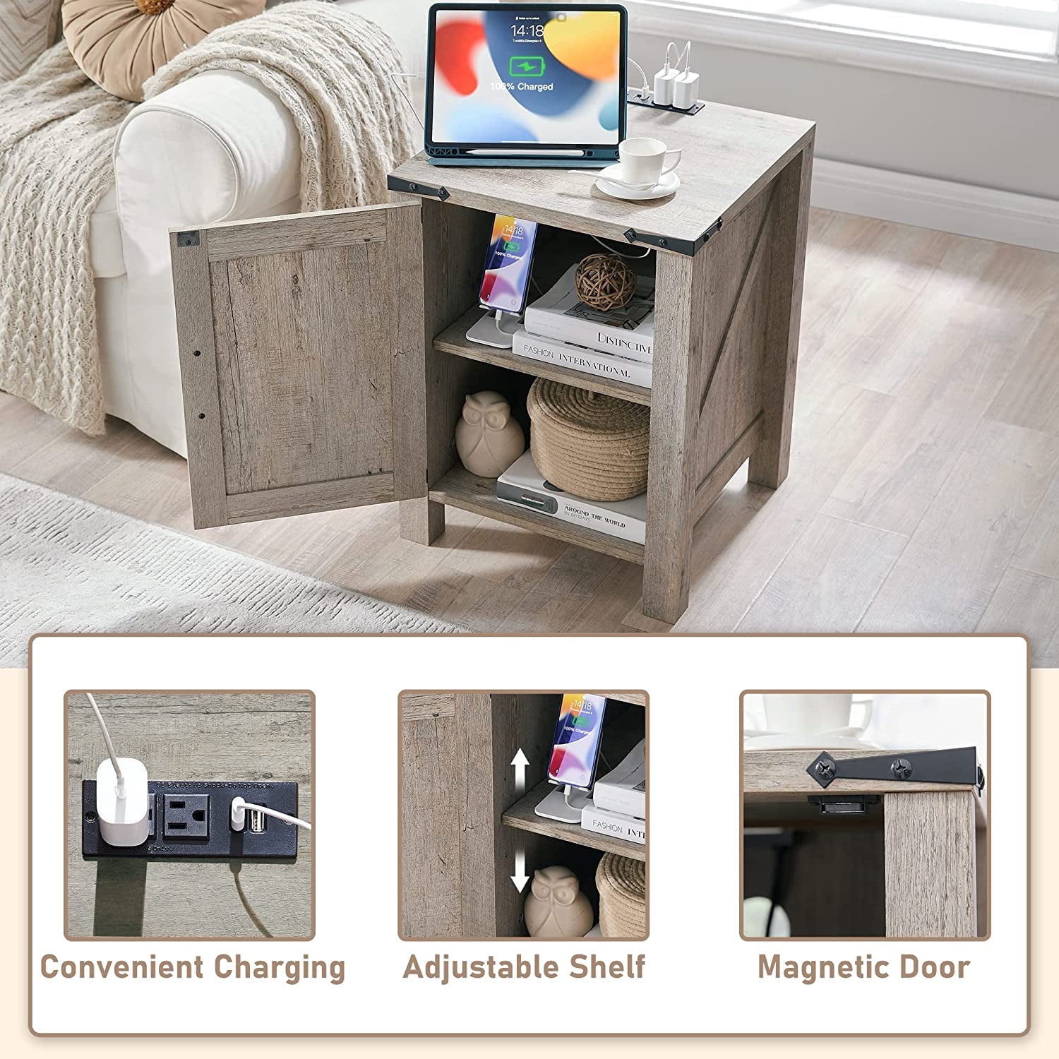 OKD End Table with Charging Station, Farmhouse Rustic Wood Side Table for Living Room, Bedroom, Light Rustic Oak