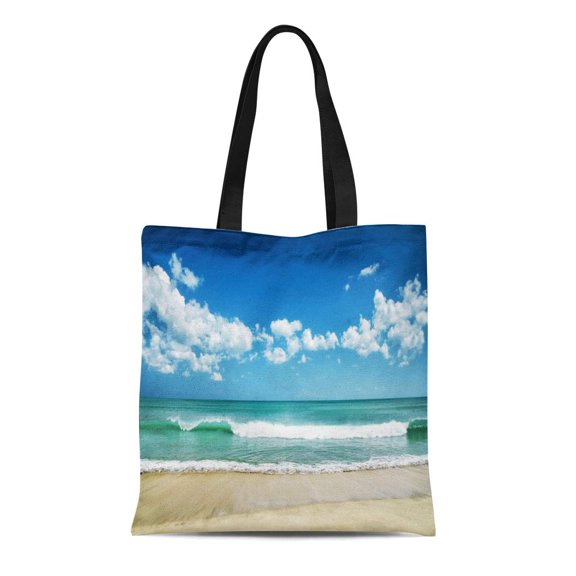 SIDONKU Canvas Bag Resuable Tote Grocery Shopping Bags Wave White Sand Beach and Blue Sky Sea Shore Surf Tote Bag