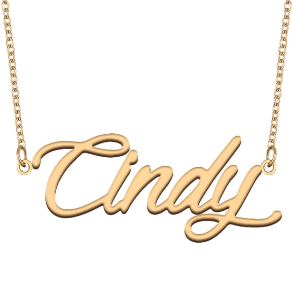 HUAN XUN 18k Gold Plated Cindy Name Necklace Stainless Steel Nameplate Necklaces for Womens Mens Mother Day Christmas Jewelry Gift
