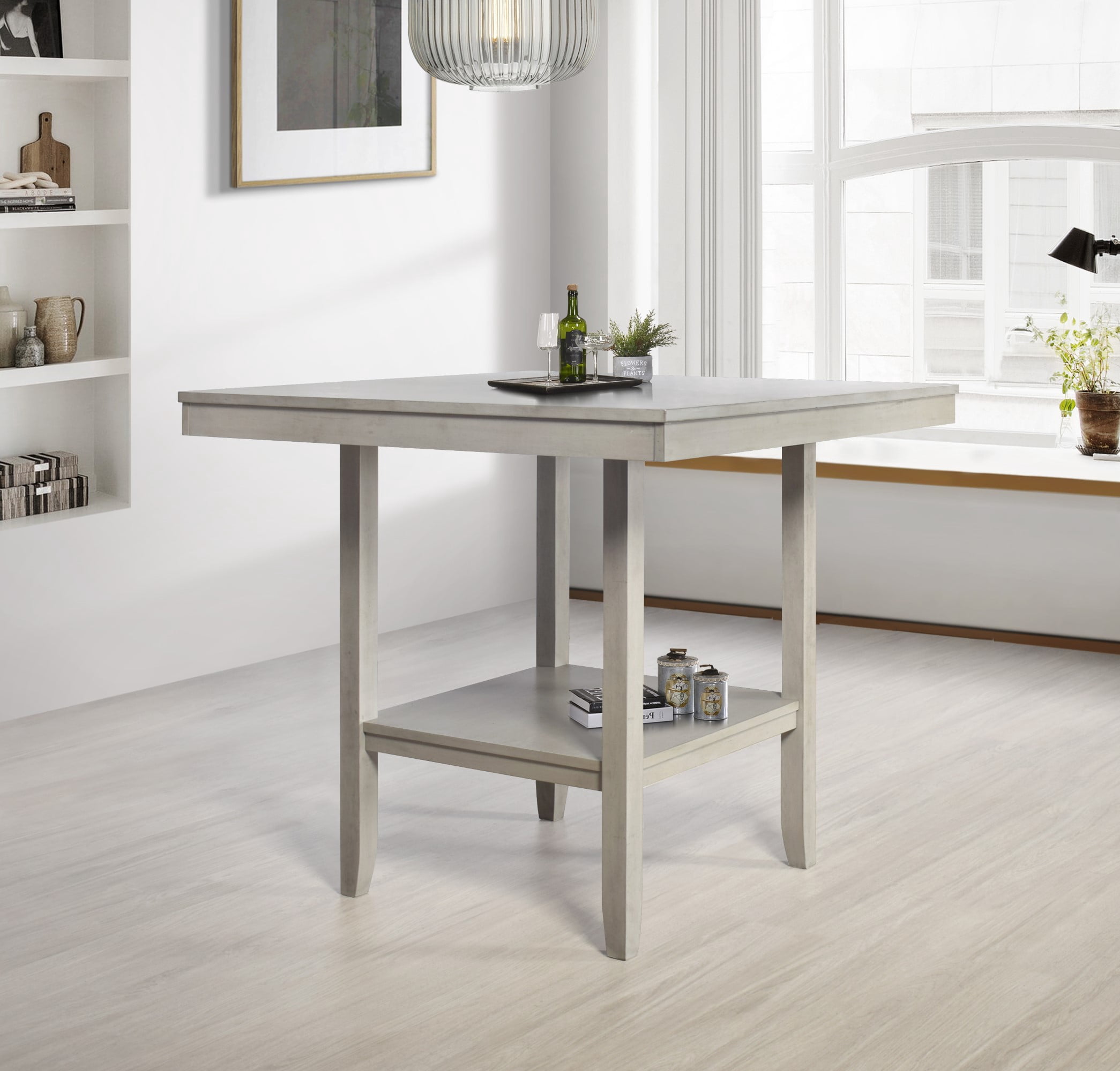 Home Design Dothan Square Counter Height Dining Table with Tapered Legs, Lower Shelf, Modern Style, Sturdy Construction, Easy Assembly, Antique Gray