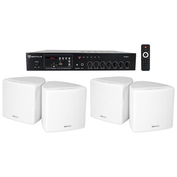 Rockville Commercial Restaurant Bluetooth Amplifier (4) 3.5" White Cube Speakers